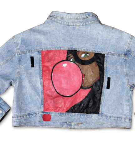 Hand-Painted Denim Jacket with Girl & Bubblegum Design