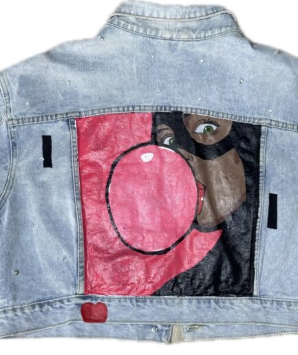 Hand-Painted Denim Jacket with Girl & Bubblegum Design