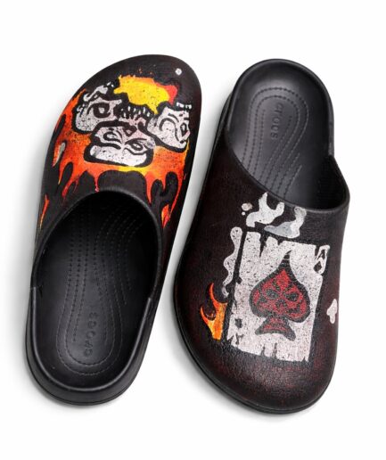 HEART HEIST Hand-Painted Flame Skull Crocs Slides